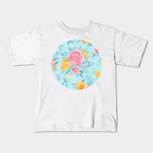 Chalk Pastel Pink & Orange Roses on Sky Blue Kids T-Shirt